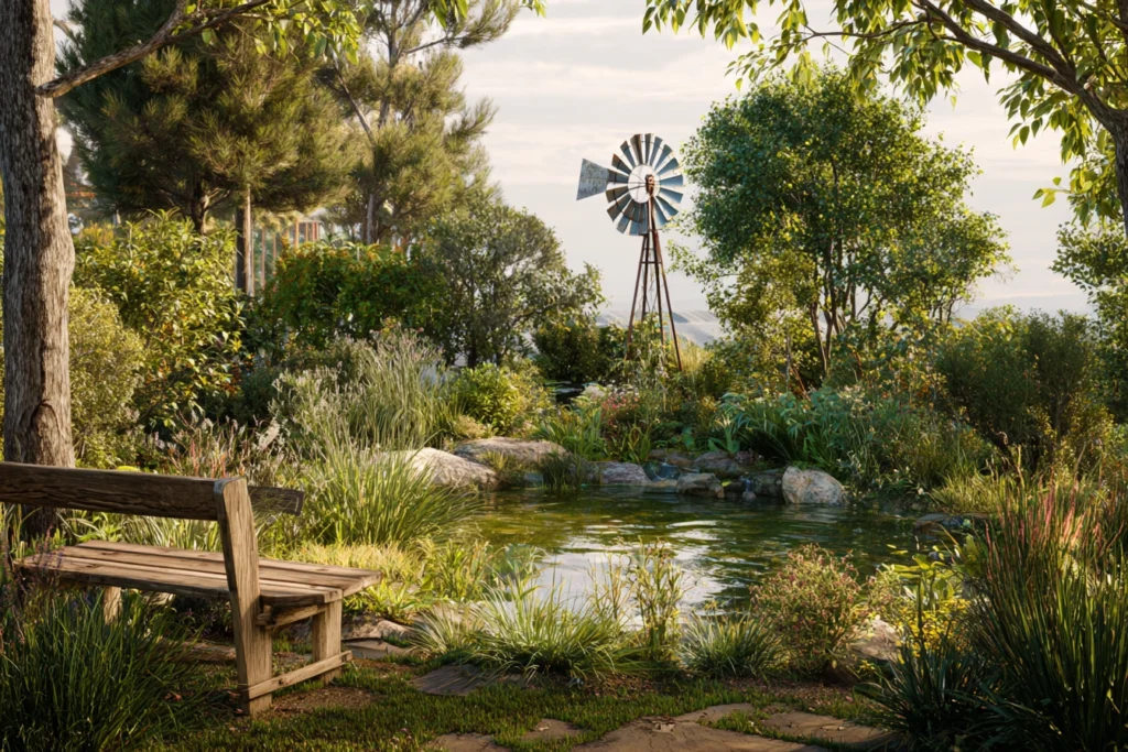 Blick von einer Holzbank auf einen Gartenteich mit einem kleinen Windrad im Hintergrund bei warmem Tageslicht.