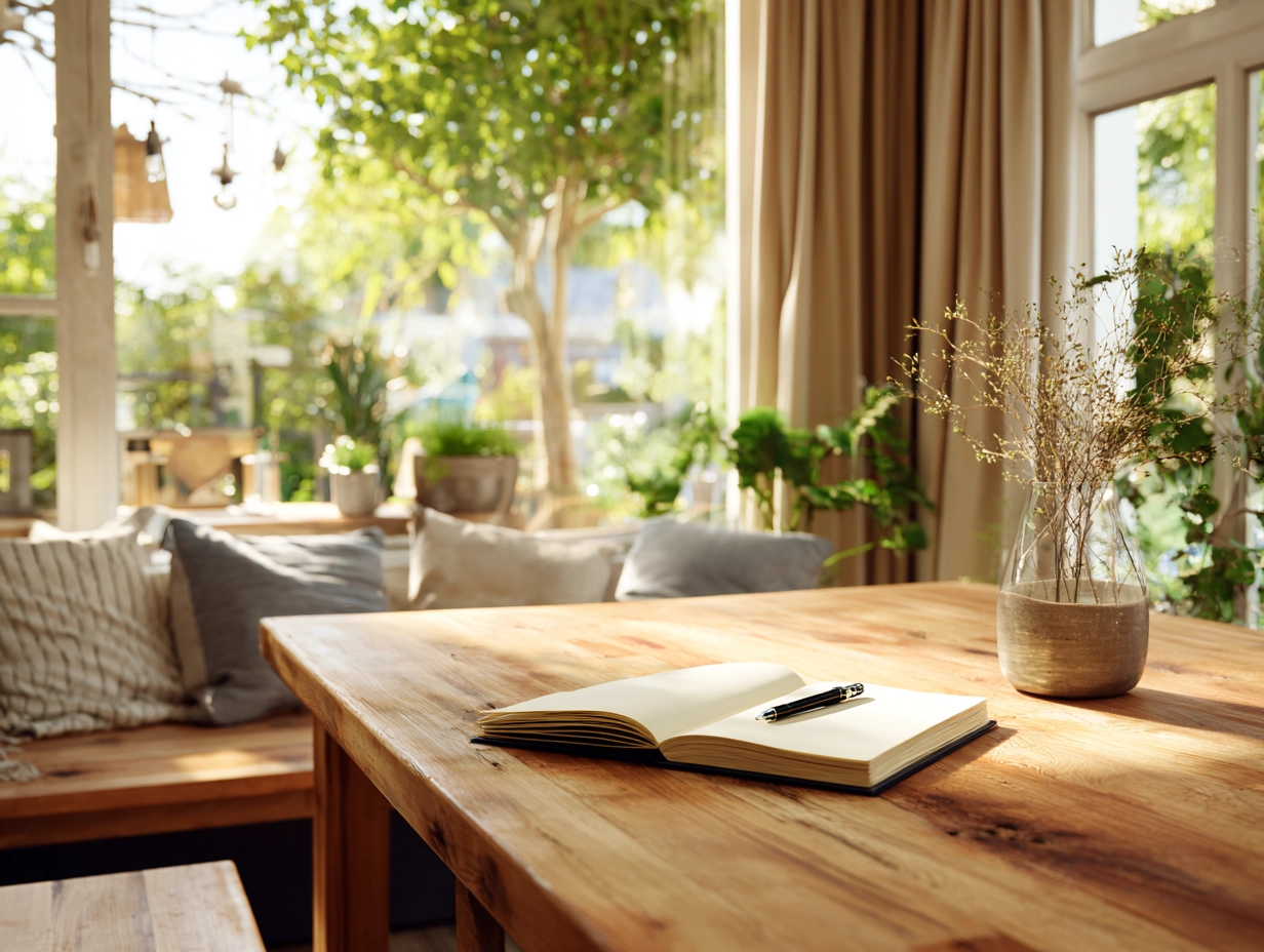 Holztisch mit Notizbuch und Stift im natürlichen Licht an einem ruhigen Arbeitsplatz.
