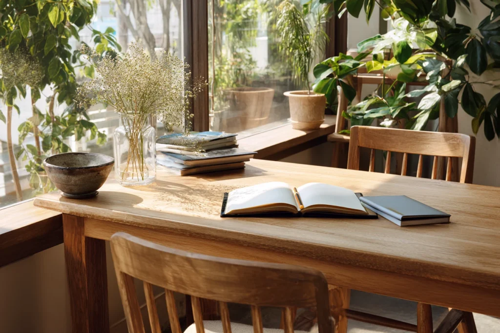 Holztisch mit Notizbuch und Stift im natürlichen Licht an einem ruhigen Arbeitsplatz.
