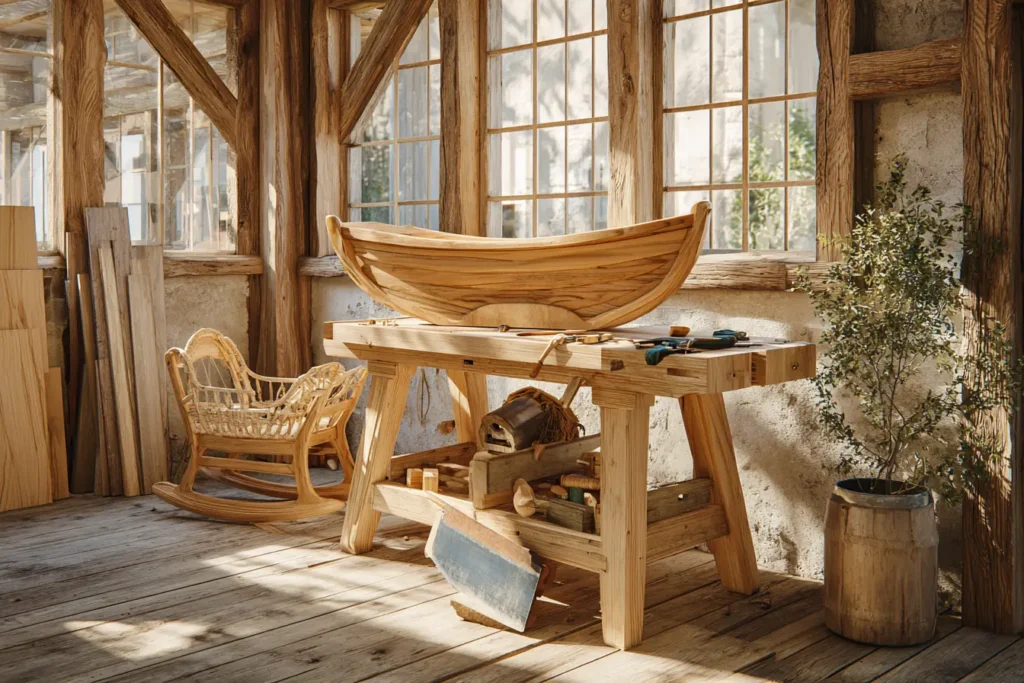 Werkbank mit Handwerkzeugen und einer hölzernen Babywiege im natürlichen Licht – Symbol für langlebiges Handwerk und verantwortungsvolle Konstruktion.