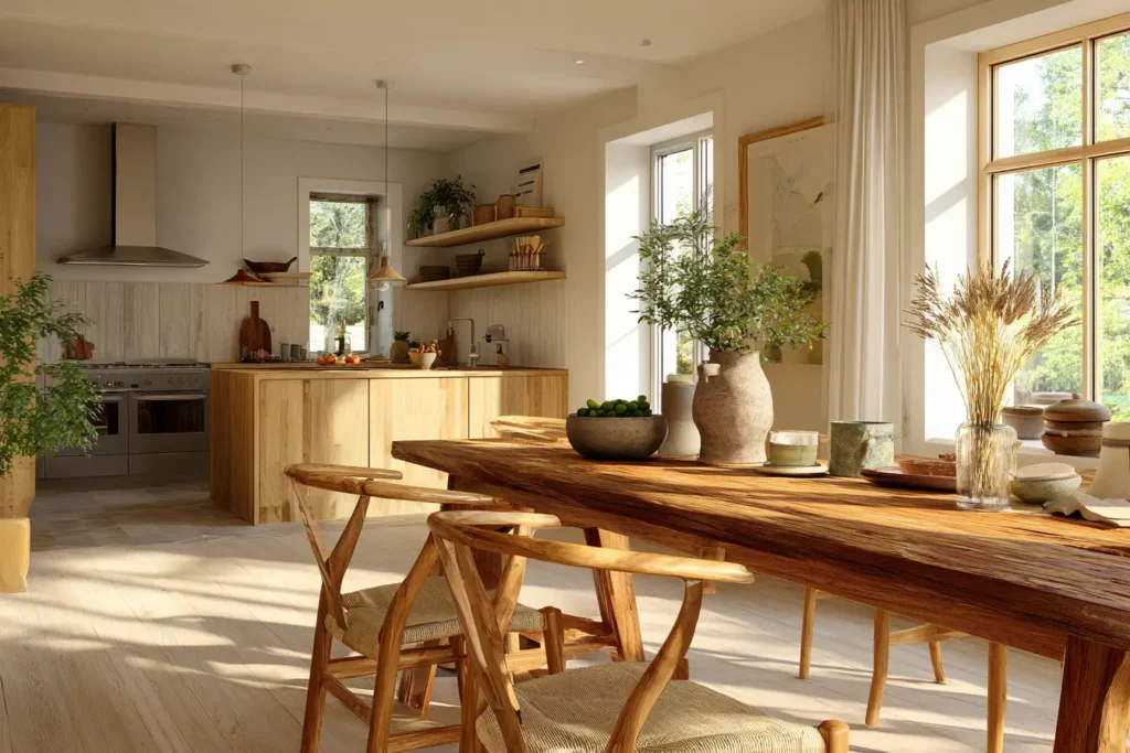 Heller Wohn- und Küchenraum mit großem Holztisch und natürlichen Materialien im Tageslicht. Bewusst Leben wirkt selbstverständlich