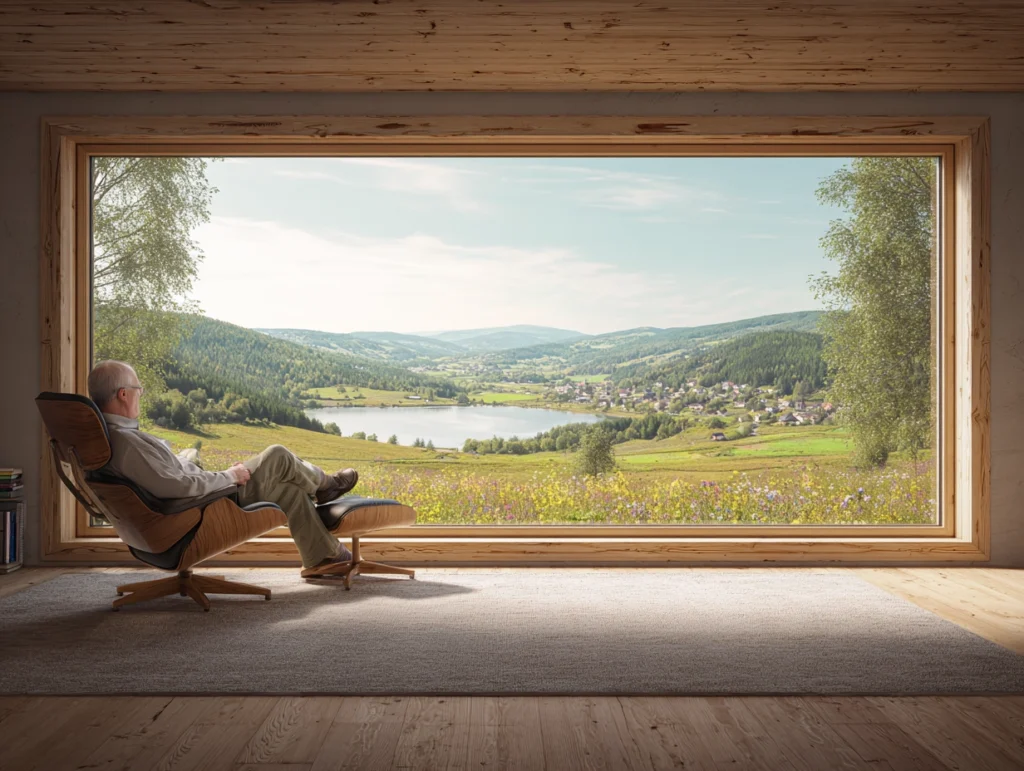 Person sitzt in einem Wohnzimmer vor einem großen Panoramafenster und blickt auf eine Landschaft mit See und Hügeln.