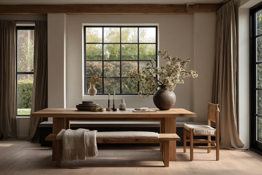 Essbereich mit massivem Esstisch, 2 Bänken und Sessel. Keramikgeschirr und große Blumenvase mit blühenden Obstbaumzweigen stehen am Tisch. Massivholzboden in Eiche, Leinenvorhänge. Ein Fenster und eine Türe geben den Raum Helligkeit