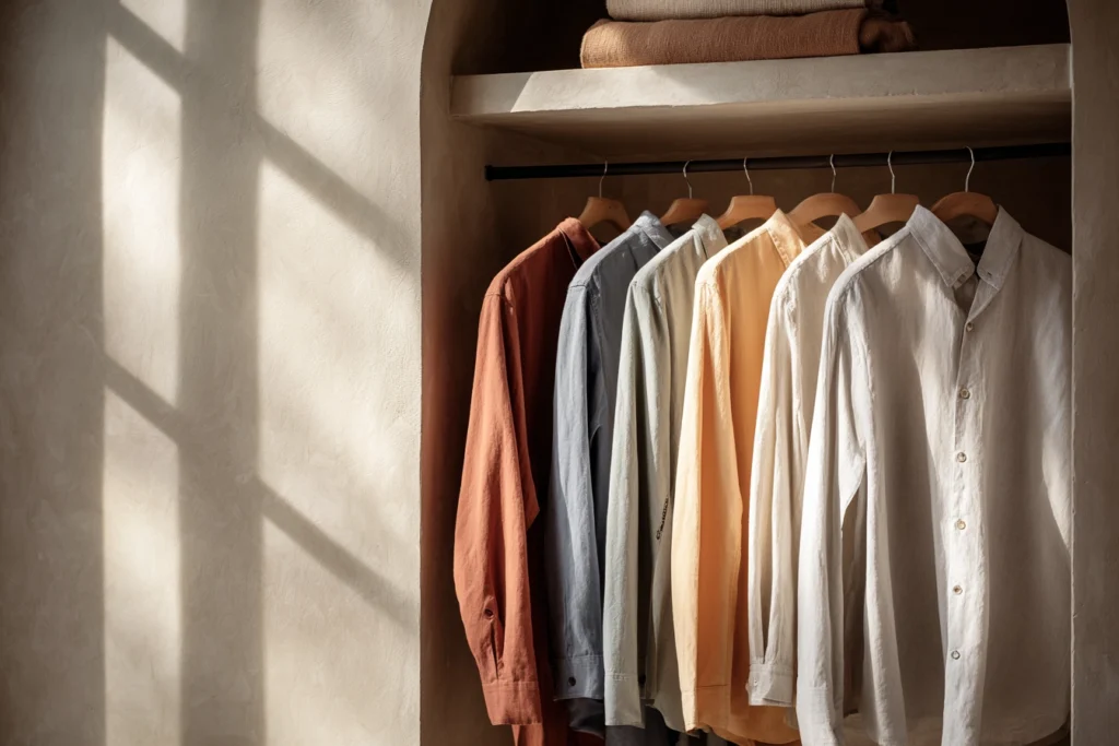 Helle Raumatmosphäre mit Nischenscharnk mit Rundbogen. 6 Stück Kleider hängen lose im Schrank und sind sonnenbeschienen. links ums Eck ist ein Fenster ableitbar. Über dem Hängeteil ist ein Ablagefach mit gefalteten Textilien.