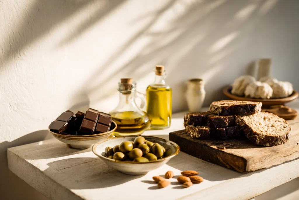 Heller Holztisch mit Mandeln, Oliven in Keramikschale, dunkler Schokolade in Keramikschale, aufgeschnittenem Brotaufstrich Schneidebrett, Olivenöl in Karaffe. Im Hintergrund Schale mit Gebäck und kleiner Vase. Sonne scheint dezent auf den Tisch