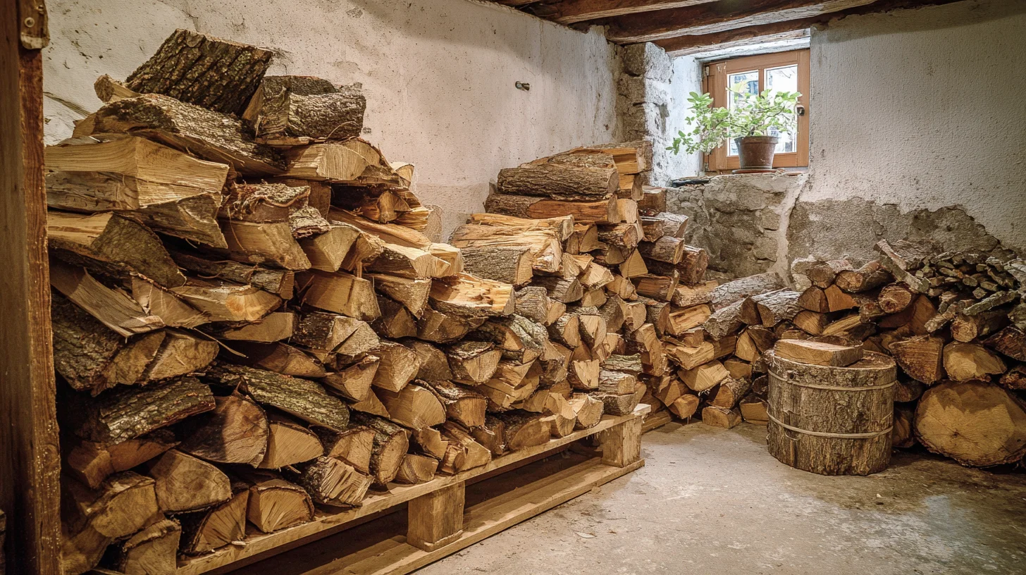Keller mit geschichteten Brennholz auf Palette und daneben.